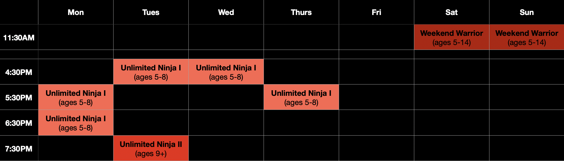 ninja schedule 2025